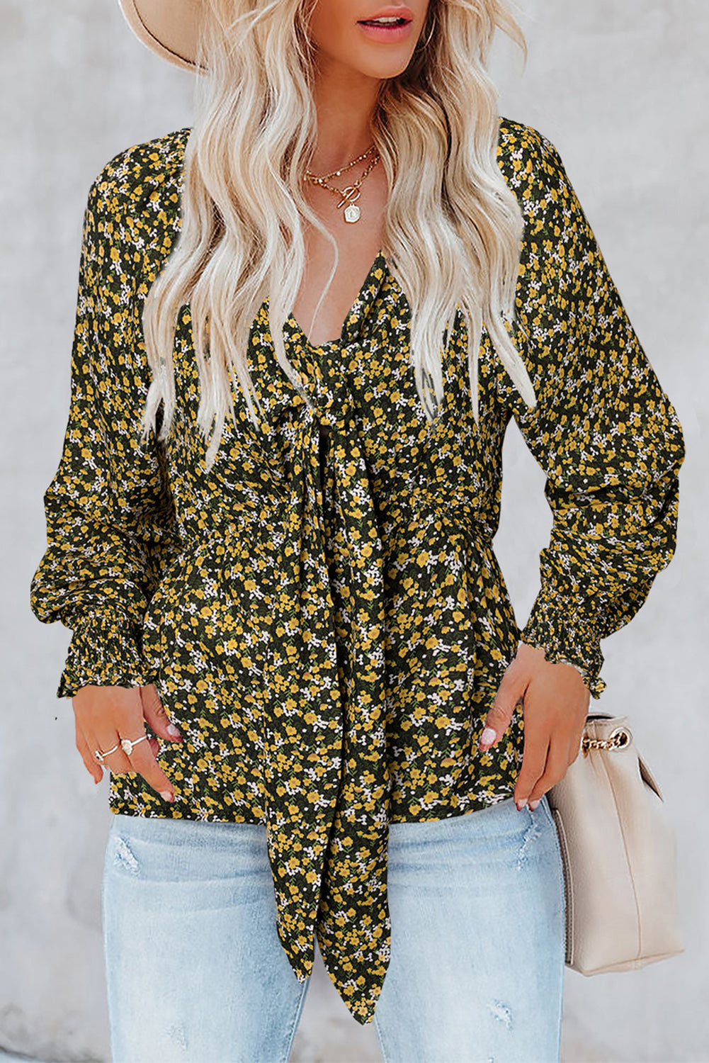 Cute Floral Print Front Tie Ruffled Long Sleeve Blouse Black-2 100%Polyester Blouses & Shirts JT's Designer Fashion