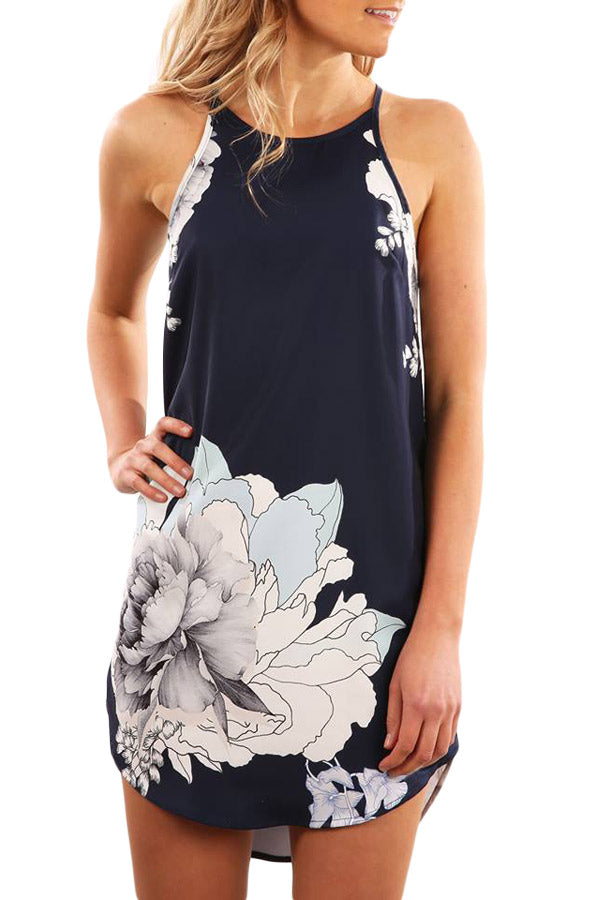 Blooming Peony Print Navy Sleeveless Dress Floral Dresses JT's Designer Fashion