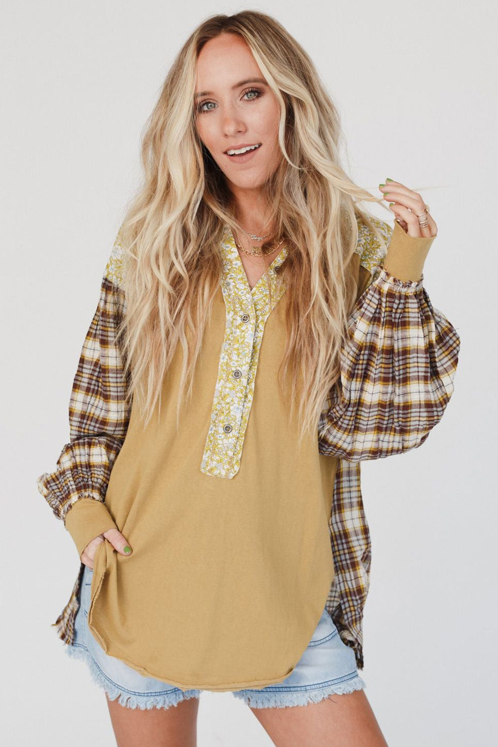 Yellow Floral Plaid Mixed Print Bishop Sleeve Patchwork Top with Slits Tops & Tees JT's Designer Fashion