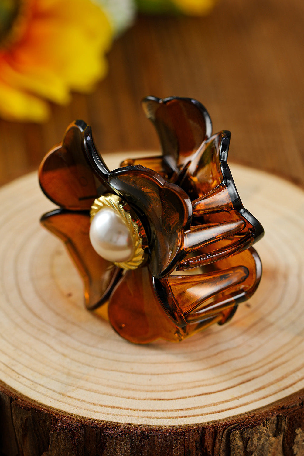 Brown Flower Shape Pearl Inlay Small Hair Claw Clip Headwear JT's Designer Fashion