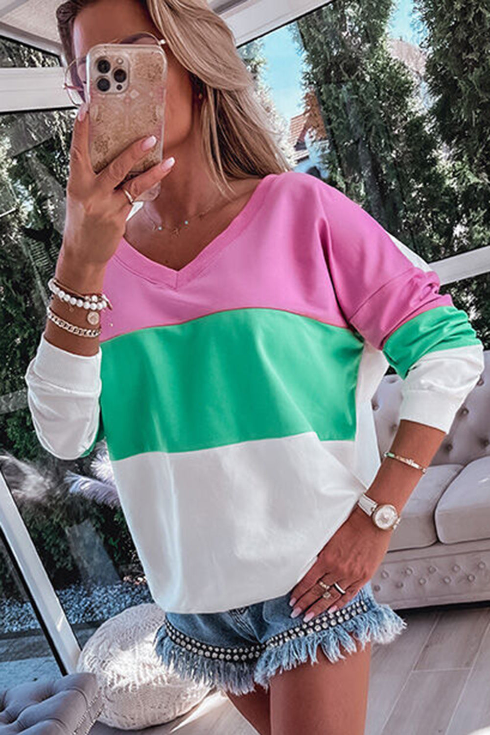 Pink Ribbed V Neck Color Block Patchwork Sweatshirt Tops & Tees JT's Designer Fashion