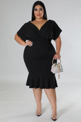 Black Plus Size Pleated V Neck Ruffle Hem Bodycon Dress Plus Size Dresses JT's Designer Fashion
