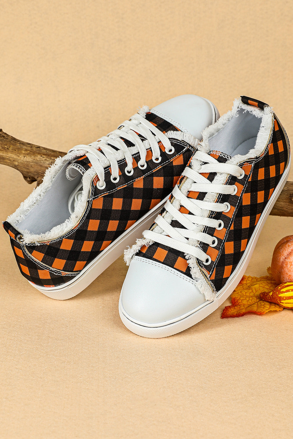 Orange Plaid Frayed Trim Lace-up Shoes Women's Shoes JT's Designer Fashion