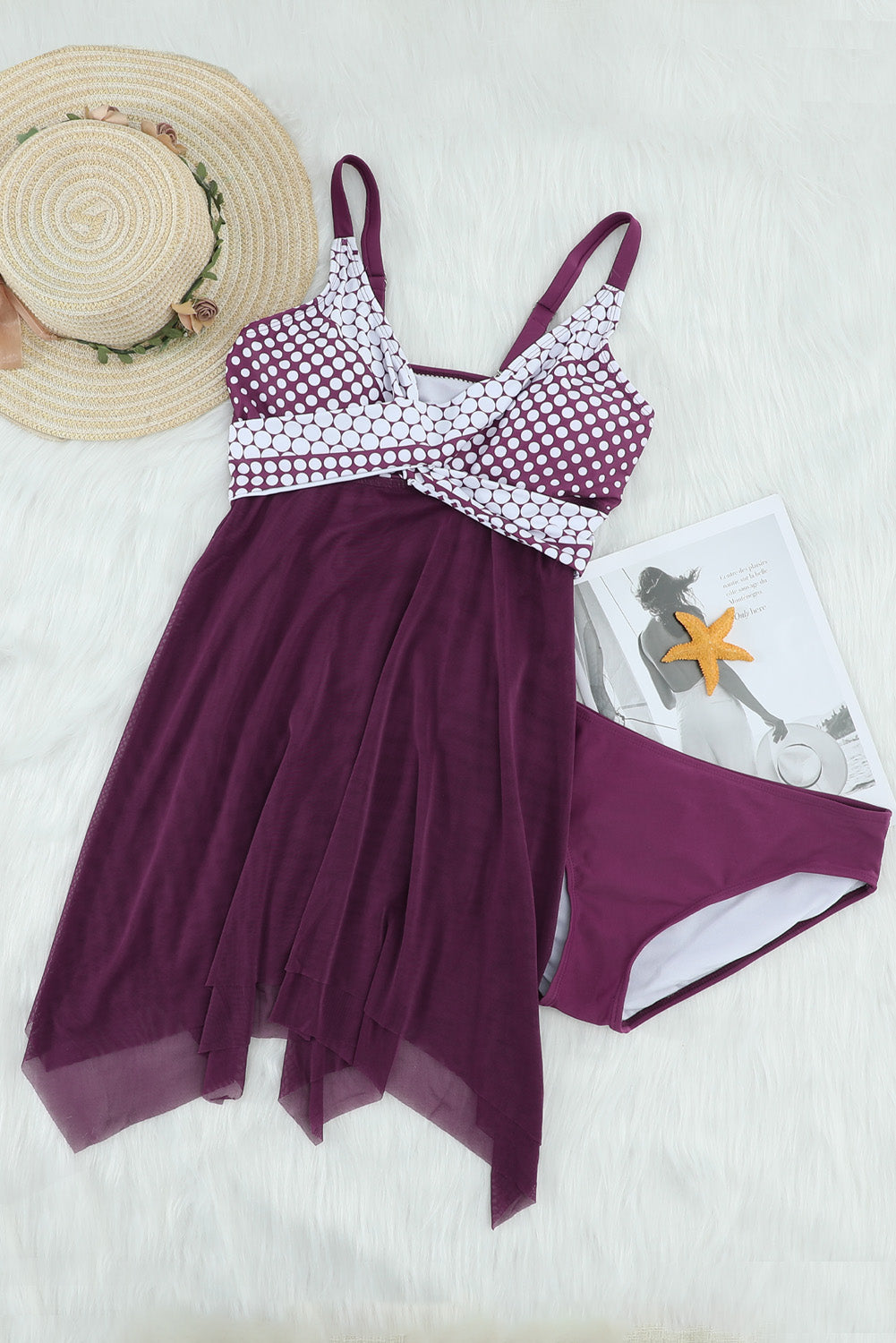 Purple Retro Polka Dot Print Handkerchief Hem Tankini Set Tankinis JT's Designer Fashion