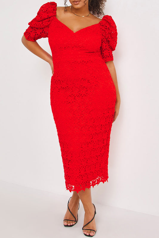 Red Plus Size Ruched Puff Sleeves Lace Midi Dress Plus Size JT's Designer Fashion