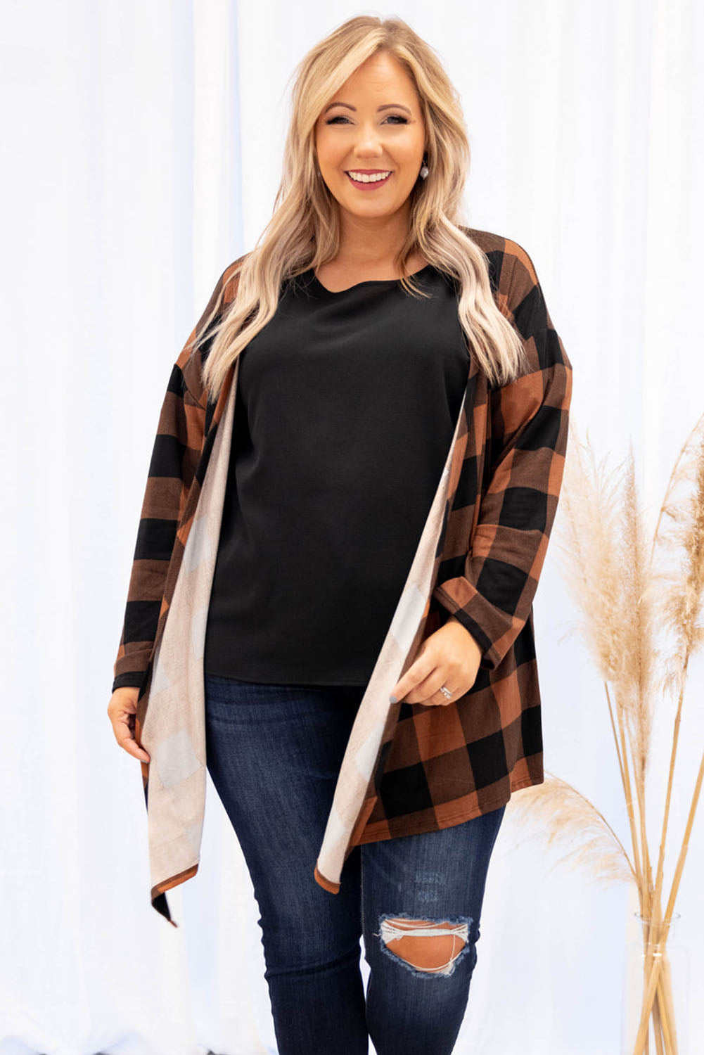 Brown Plus Size Plaid Pattern Open Front Cardigan Plus Size JT's Designer Fashion