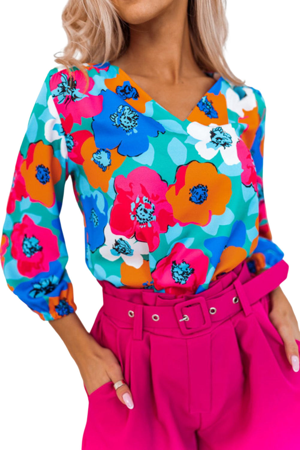 Multicolor Floral Print V Neck 3/4 Sleeve Blouse Blouses & Shirts JT's Designer Fashion