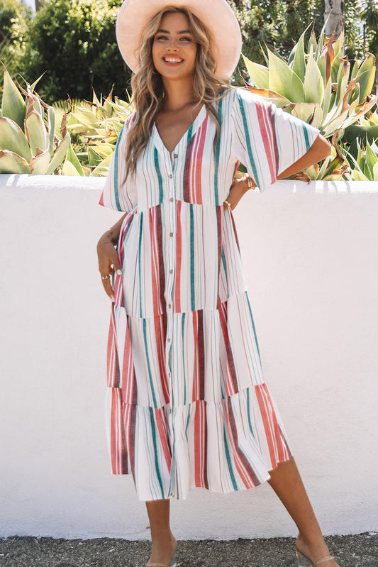 Serape Striped V Neck Buttoned Shirt Dress Stripe 100%Polyester Maxi Dresses JT's Designer Fashion