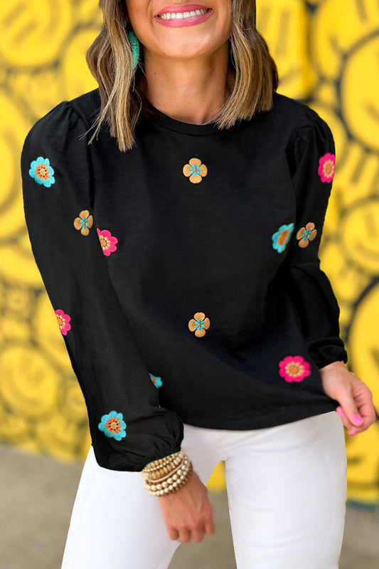 Black Plus Size Flower Embroidered Puff Sleeve Top Plus Size JT's Designer Fashion