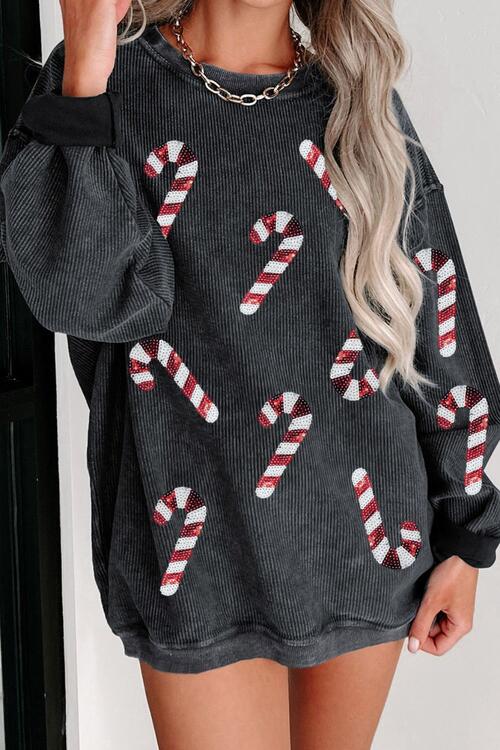 Sequin Candy Cane Round Neck Sweatshirt Graphic Sweatshirts JT's Designer Fashion