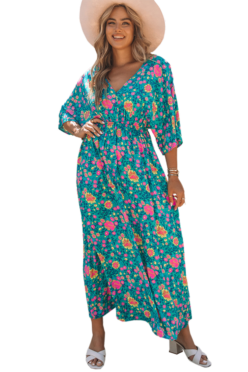 Green Boho Deep V Neck Floral Maxi Dress Floral Dresses JT's Designer Fashion