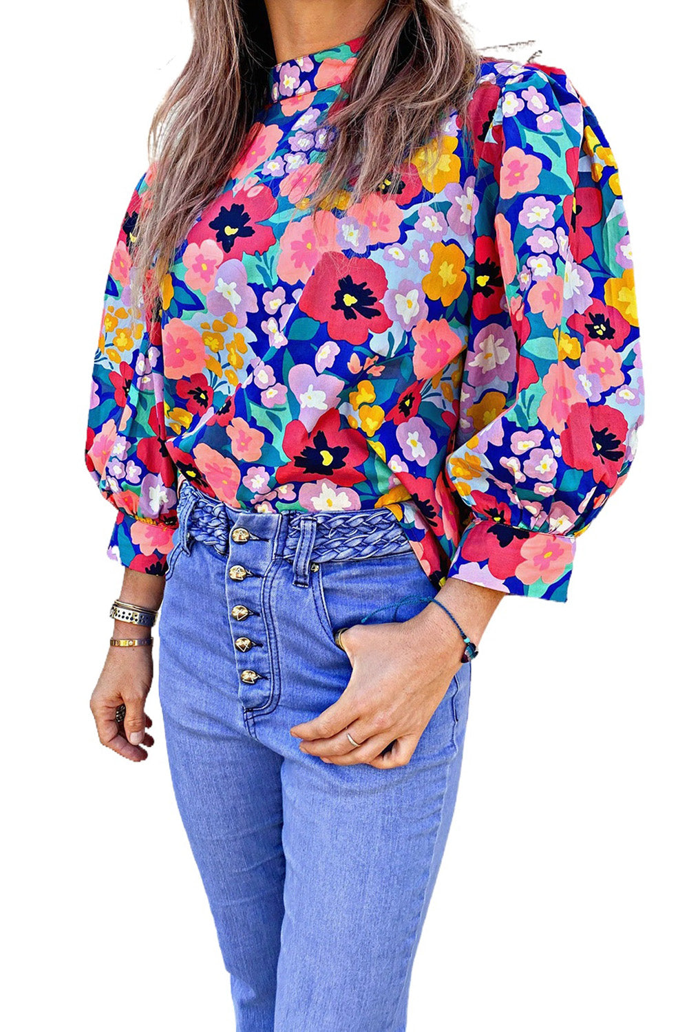 Blue Mock Neck Bubble Sleeve Floral Print Blouse Tops & Tees JT's Designer Fashion