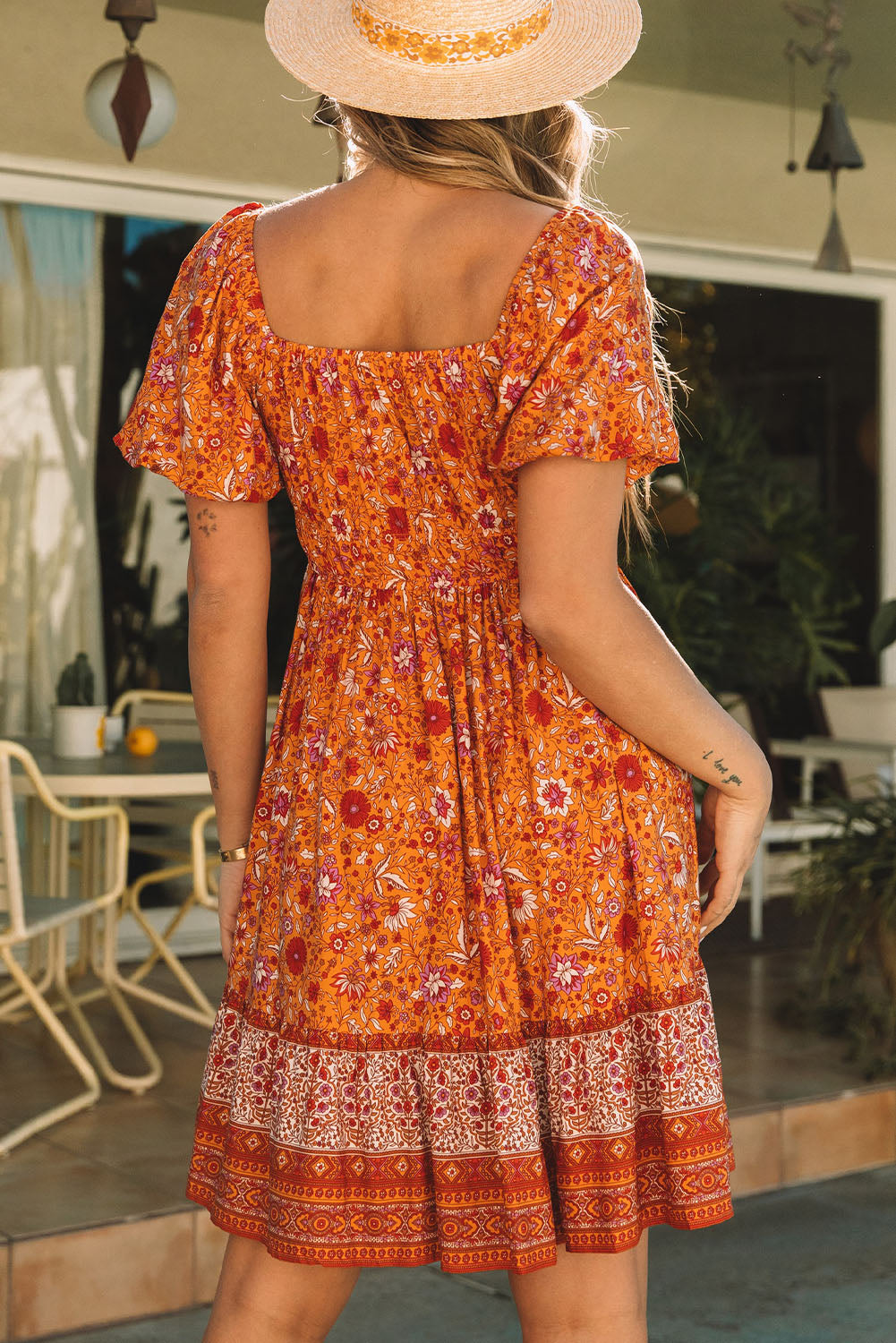 Orange Square Neck Puff Sleeves Flowy Floral Dress Floral Dresses JT's Designer Fashion