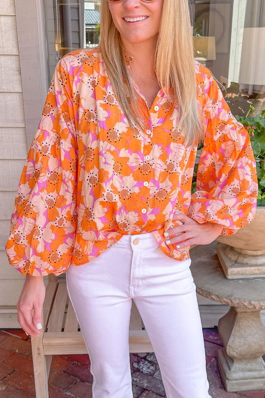 Orange Floral Print Loose Sleeve Shirt Tops & Tees JT's Designer Fashion