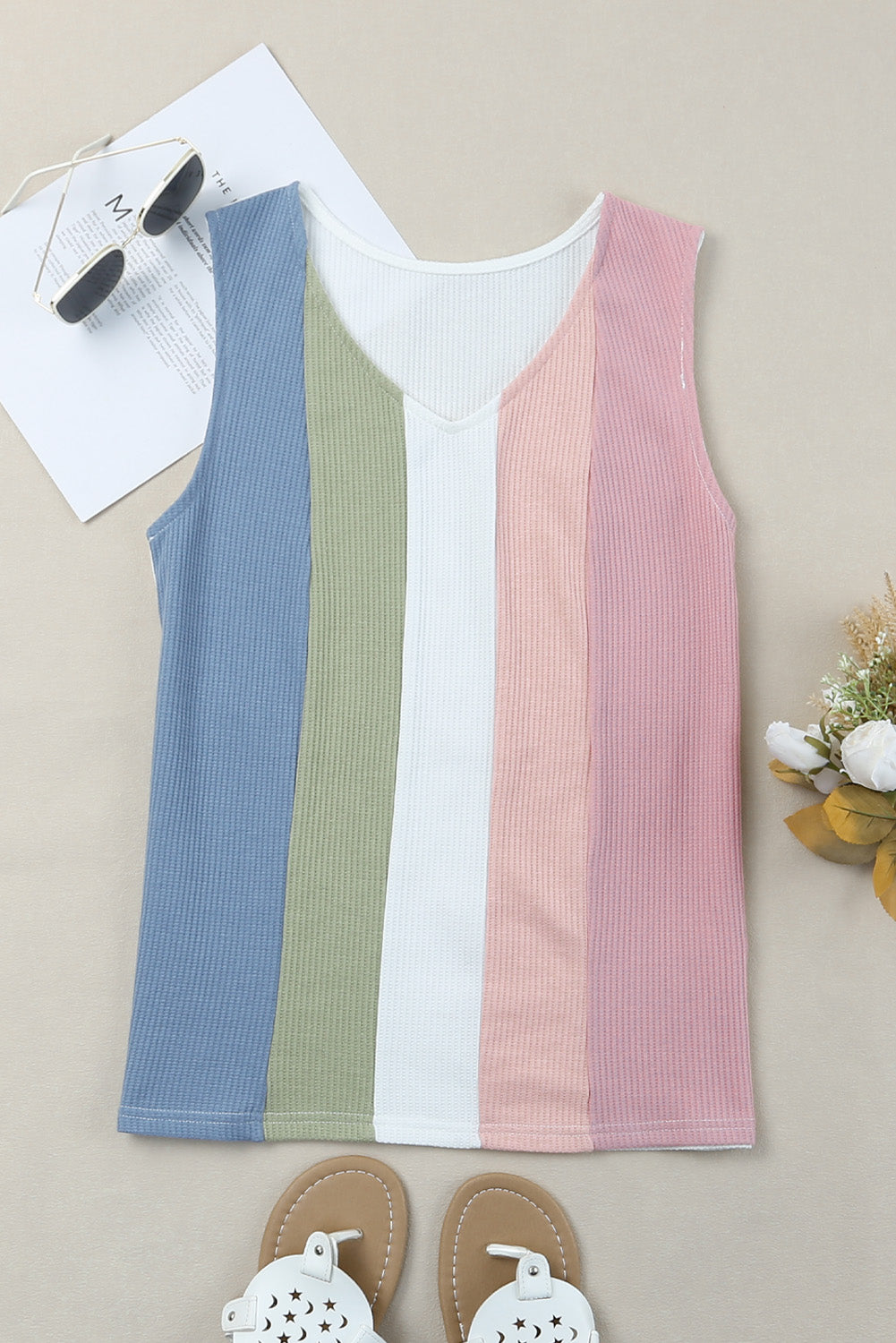 Color Block V-Neck Waffle Knit Tank Top Tank Tops JT's Designer Fashion