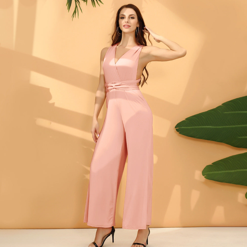 Fashion Solid Color Multi-wear French Wide-leg Pants Pink Jumpsuits & Rompers JT's Designer Fashion