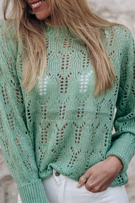 Green Open Knit Long Sleeve Sweater Tops & Tees JT's Designer Fashion