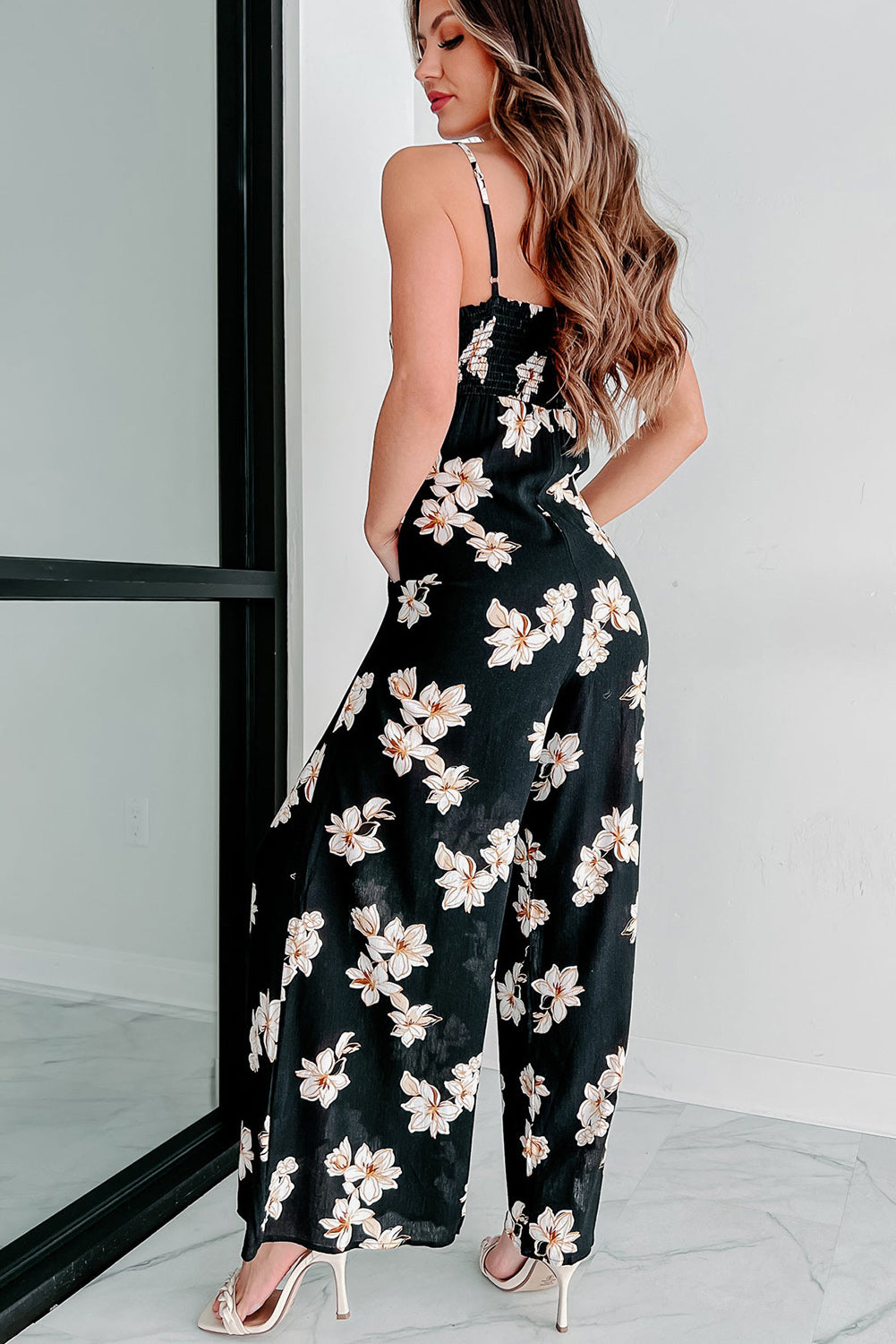 Black Tie Decor V Neck Floral Wide Leg Jumpsuit Jumpsuits & Rompers JT's Designer Fashion