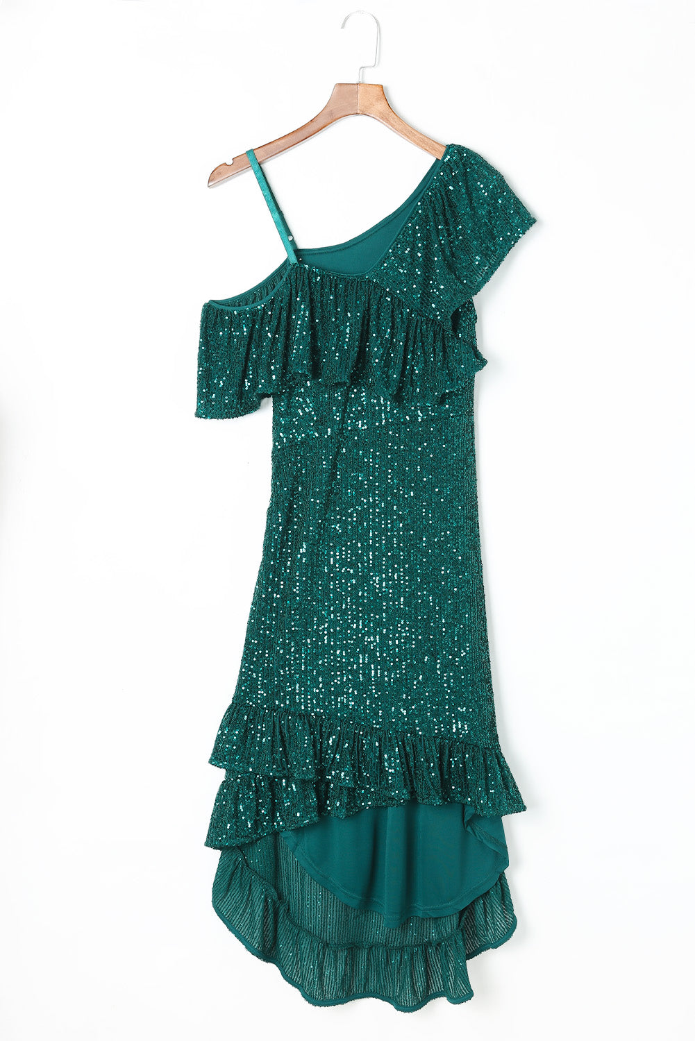 Green One-Shoulder Sling Ruffled Sequin Dress Sequin Dresses JT's Designer Fashion