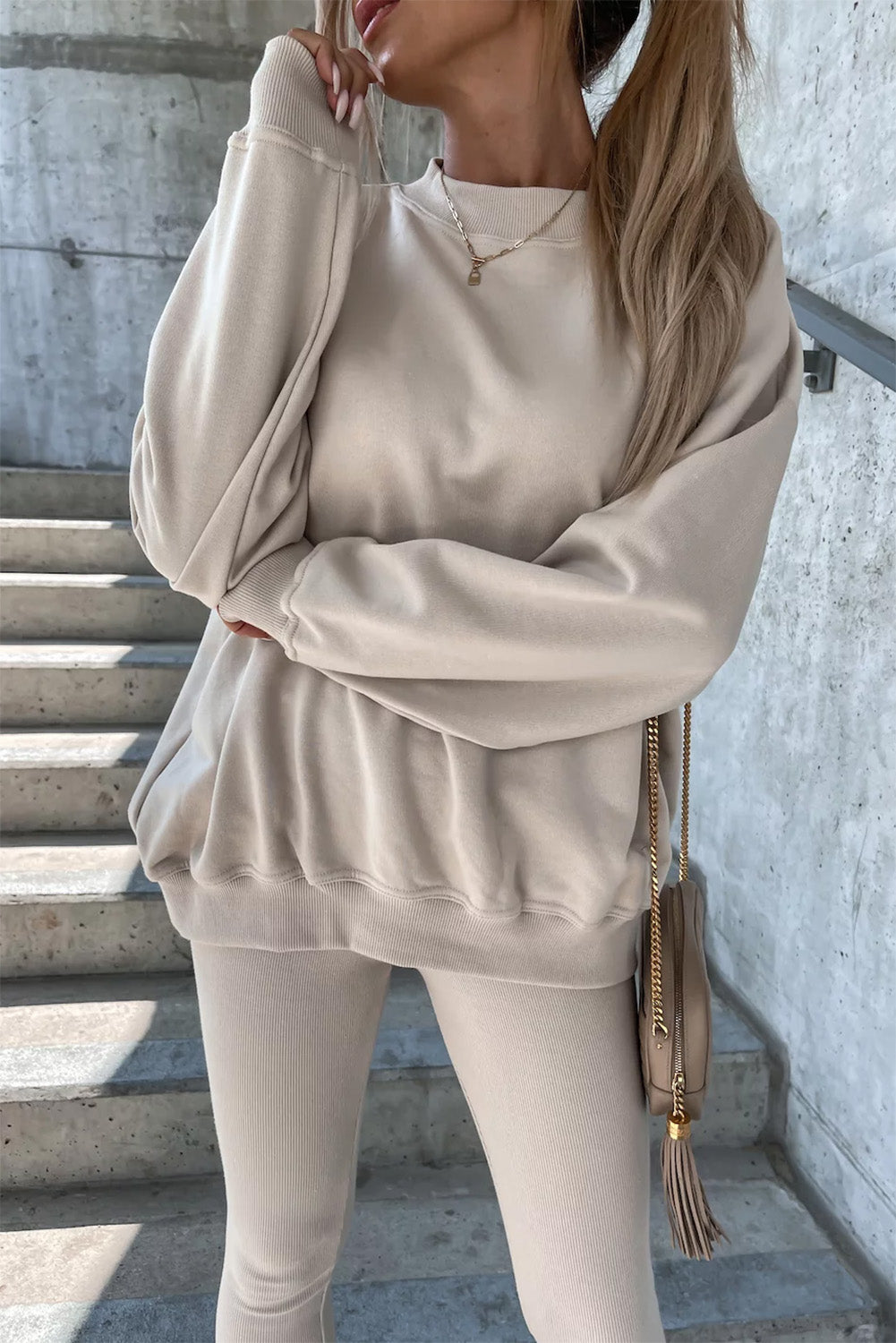 Beige Solid Sweatshirt and Leggings Two Piece Set Bottoms JT's Designer Fashion