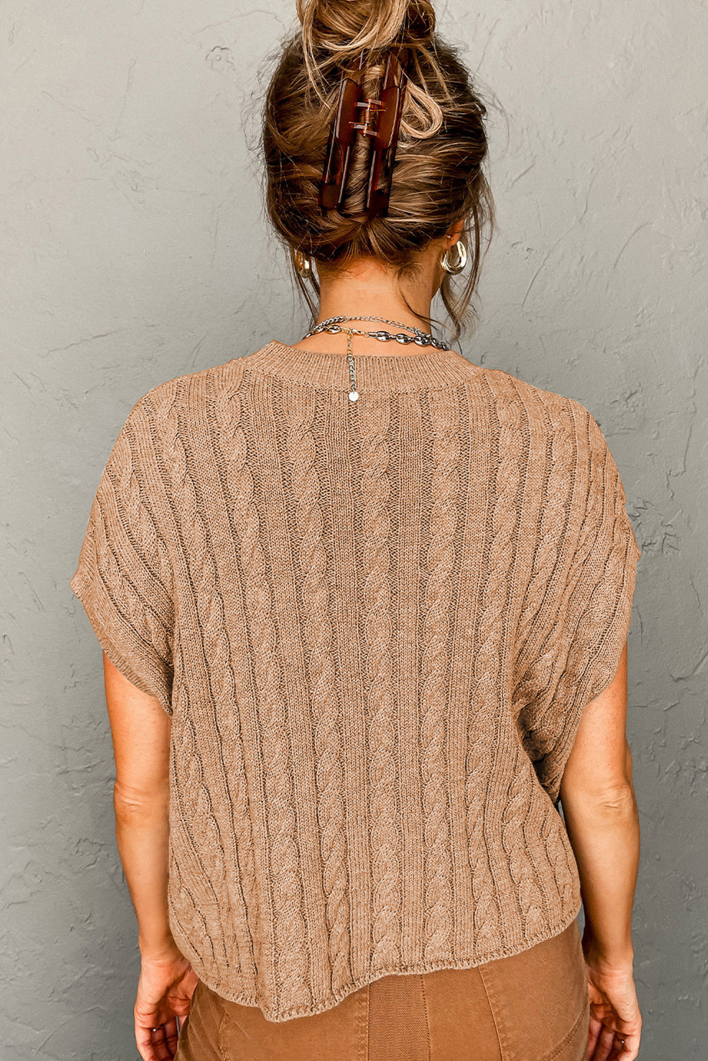 Light French Beige Cable Knit Ribbed Short Sleeve Plus Size Jumper Plus Size JT's Designer Fashion