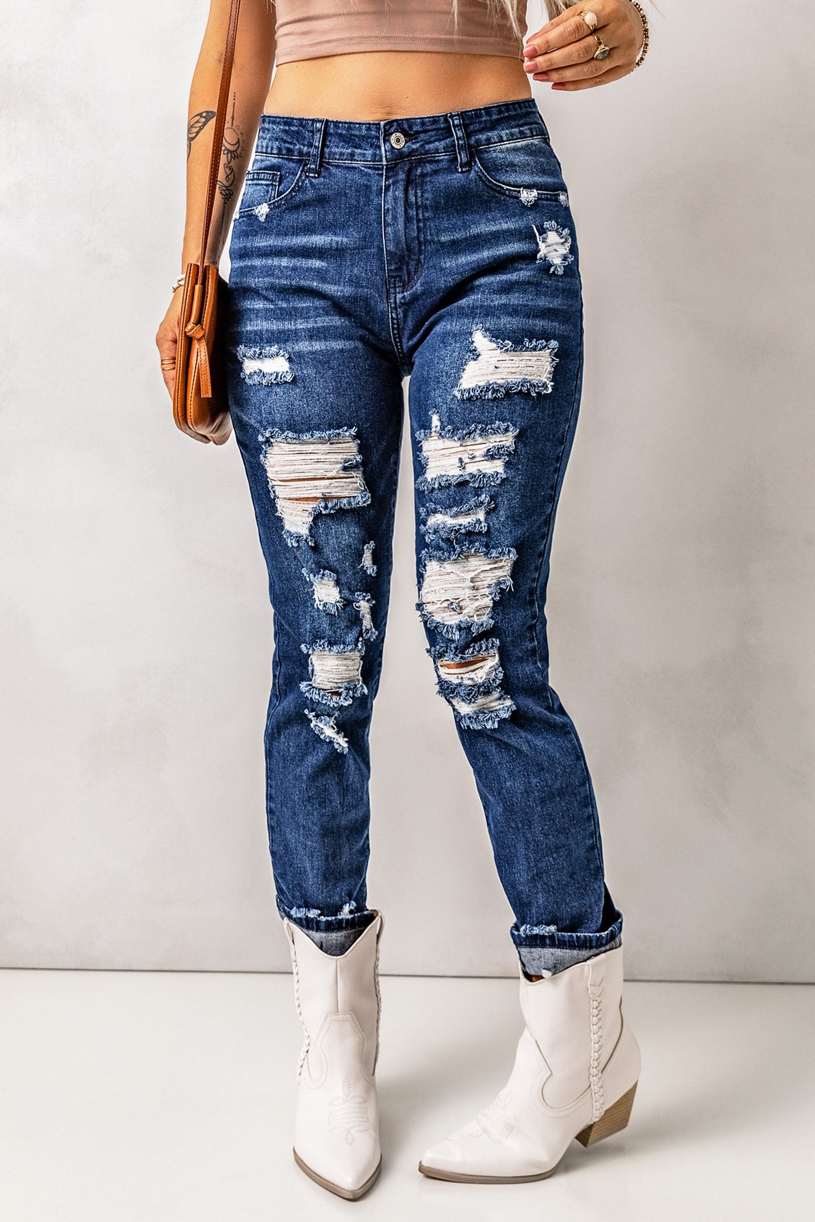 Blue Distressed High Waist Skinny Jeans Jeans JT's Designer Fashion