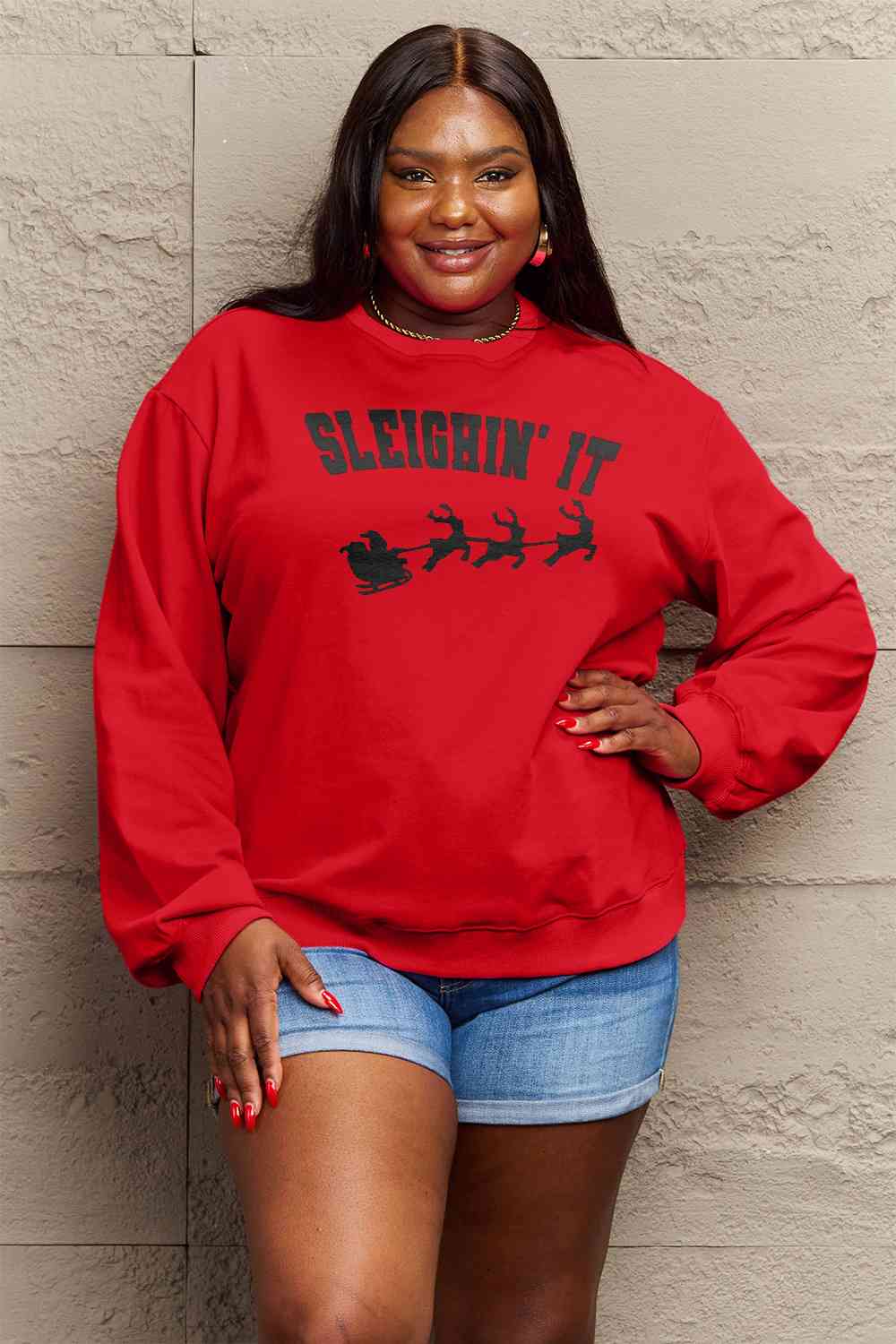 Simply Love Full Size SLEIGHIN' IT Graphic Sweatshirt Wine Graphic Sweatshirts JT's Designer Fashion