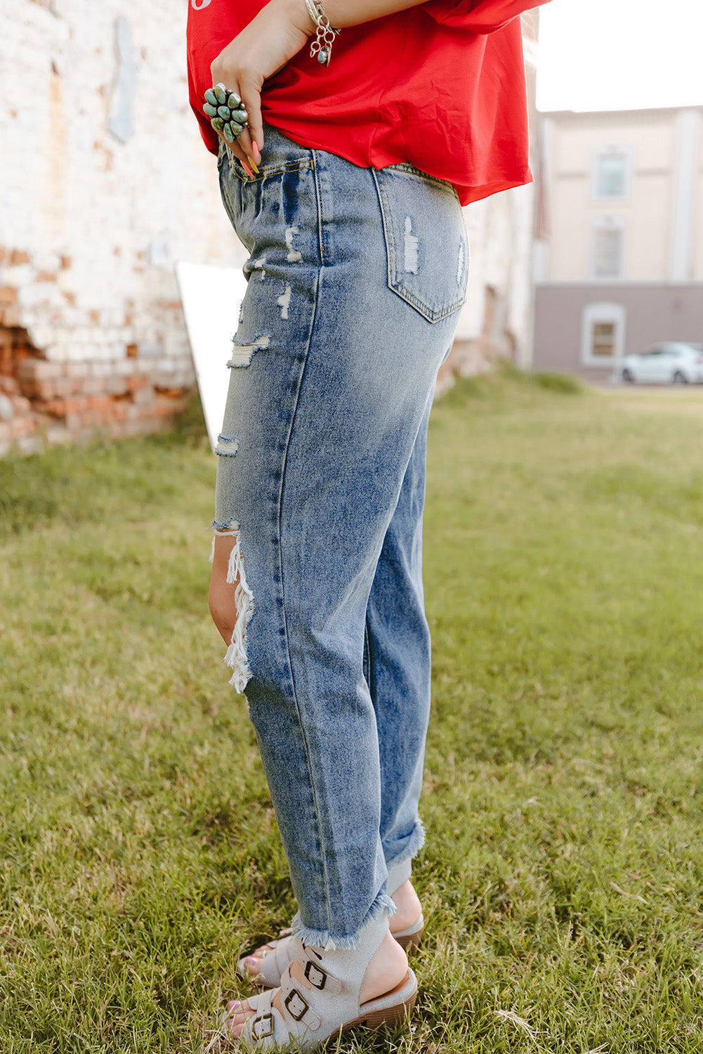 Sky Blue Ripped High Waist Boyfriend Jeans Jeans JT's Designer Fashion