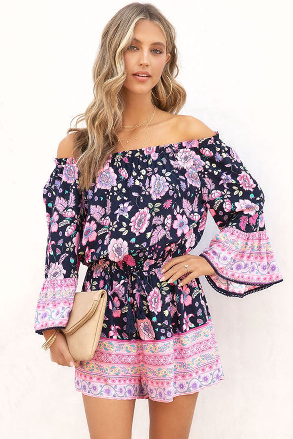 Blue Floral Patchwork High Waist Off Shoulder Romper Jumpsuits & Rompers JT's Designer Fashion