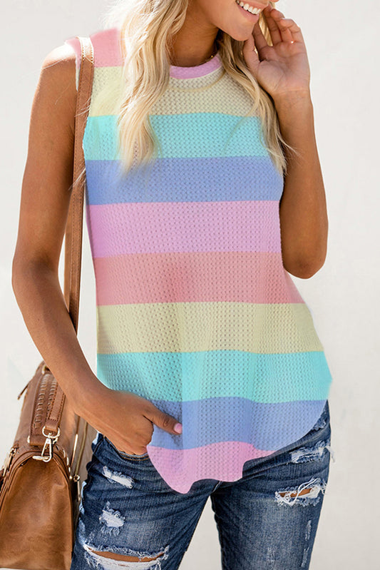 Multicolor Colorblock Striped Waffle Tank Top Multicolor 95%Polyester+5%Elastane Tank Tops JT's Designer Fashion