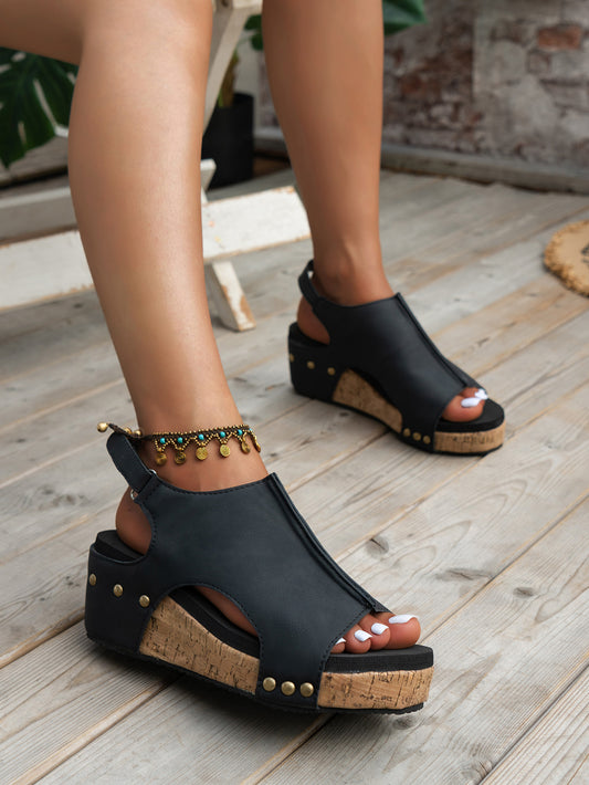 Black Vintage Leather Stitching Studded Wedge Sandals Sandals JT's Designer Fashion