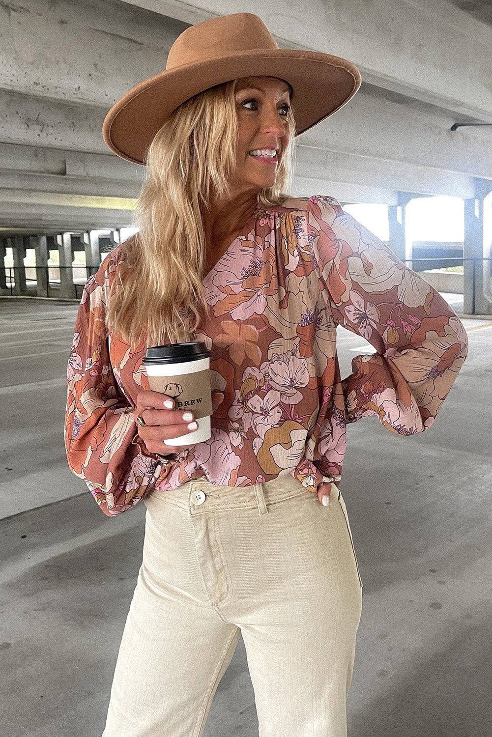 Brown Frilled V Neck Bubble Sleeve Floral Blouse Blouses & Shirts JT's Designer Fashion