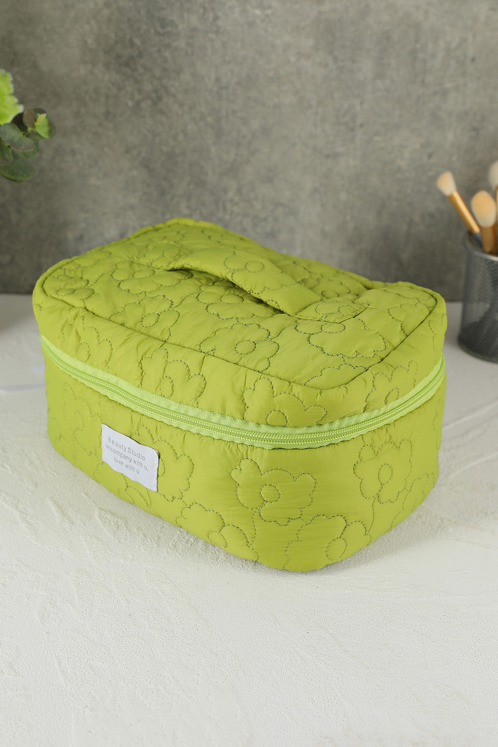 Green Floral Quilted Letter Patch Zipped Travel Cosmetic Bag Other Accessories JT's Designer Fashion