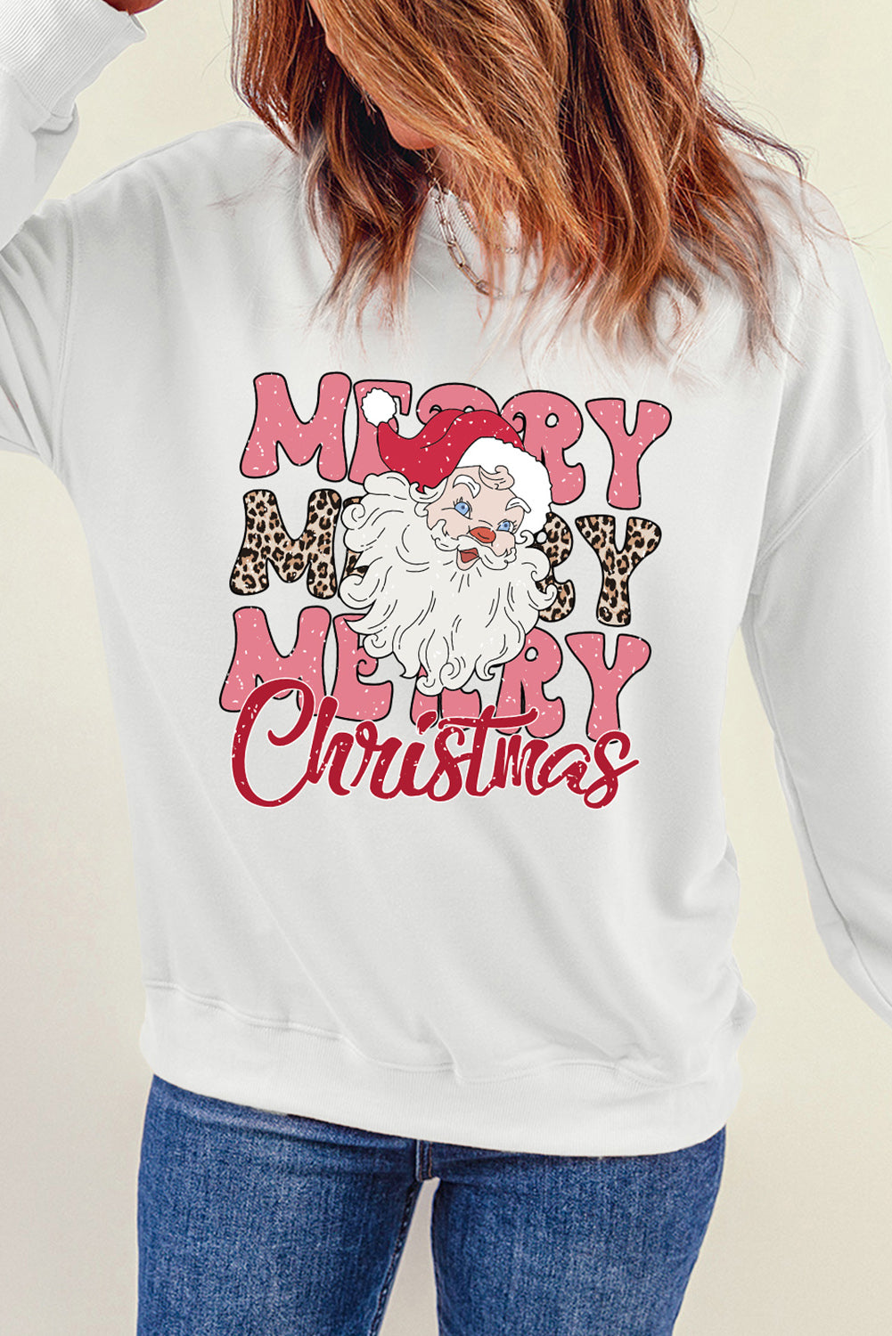 Beige MERRY Christmas Santa Claus Print Crewneck Sweatshirt Graphic Sweatshirts JT's Designer Fashion