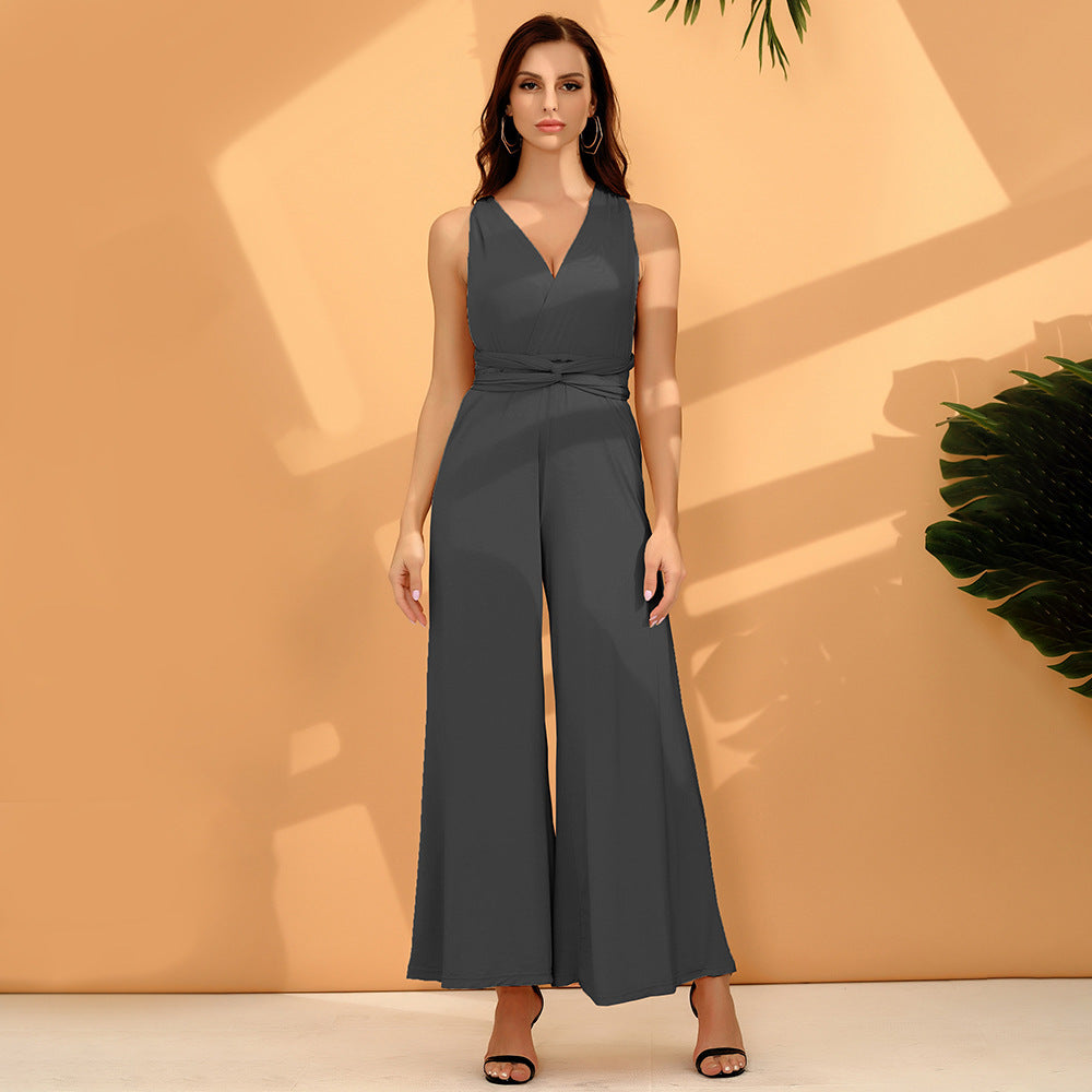 Fashion Solid Color Multi-wear French Wide-leg Pants Grey Jumpsuits & Rompers JT's Designer Fashion