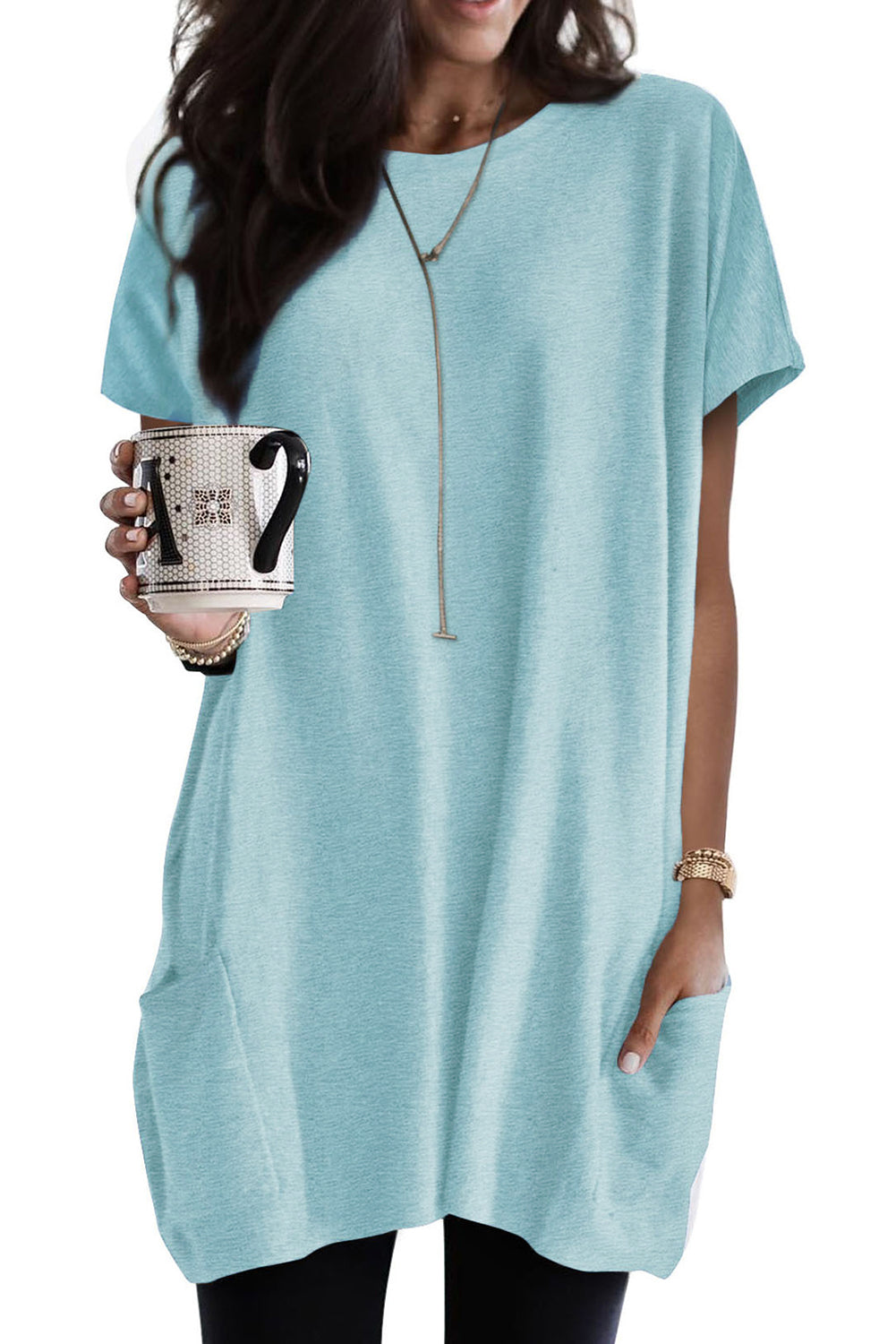 Light Blue Side Pockets Short Sleeve Tunic Top Tops & Tees JT's Designer Fashion