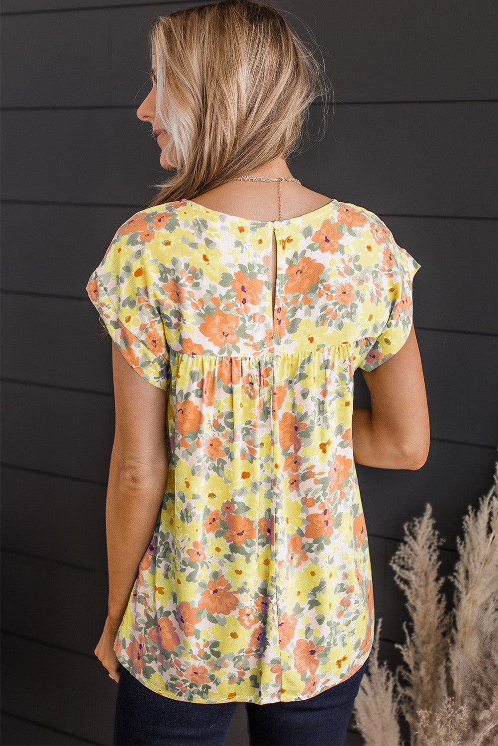 Orange Yellow Floral Print Keyhole Back Short Sleeve Babydoll Blouse Tops & Tees JT's Designer Fashion