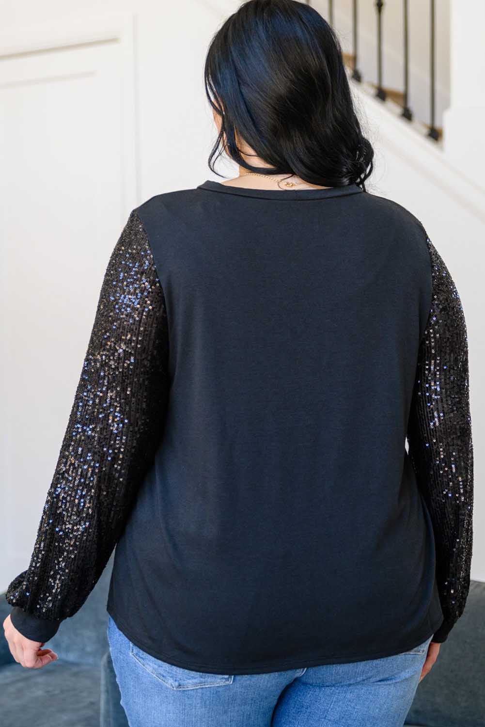 Black Sequin Contrast Long Sleeve Plus Size Top Plus Size JT's Designer Fashion