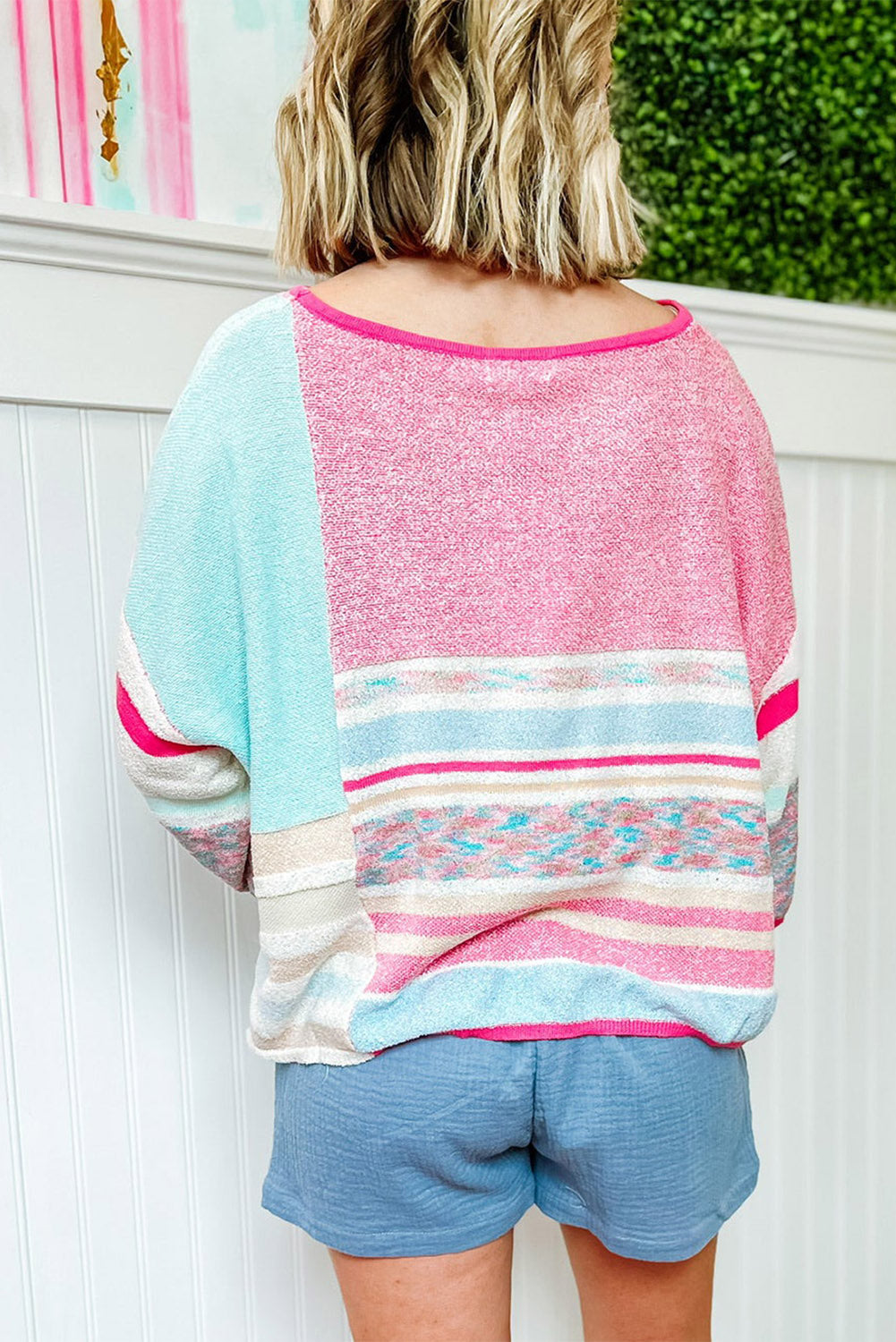 Pink Color Block Striped Three-Quarter Sleeve Knitted Top Tops & Tees JT's Designer Fashion