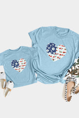Sky Blue Family Matching American Flag Flower Heart Print Girl's Graphic Tee Family T-shirts JT's Designer Fashion
