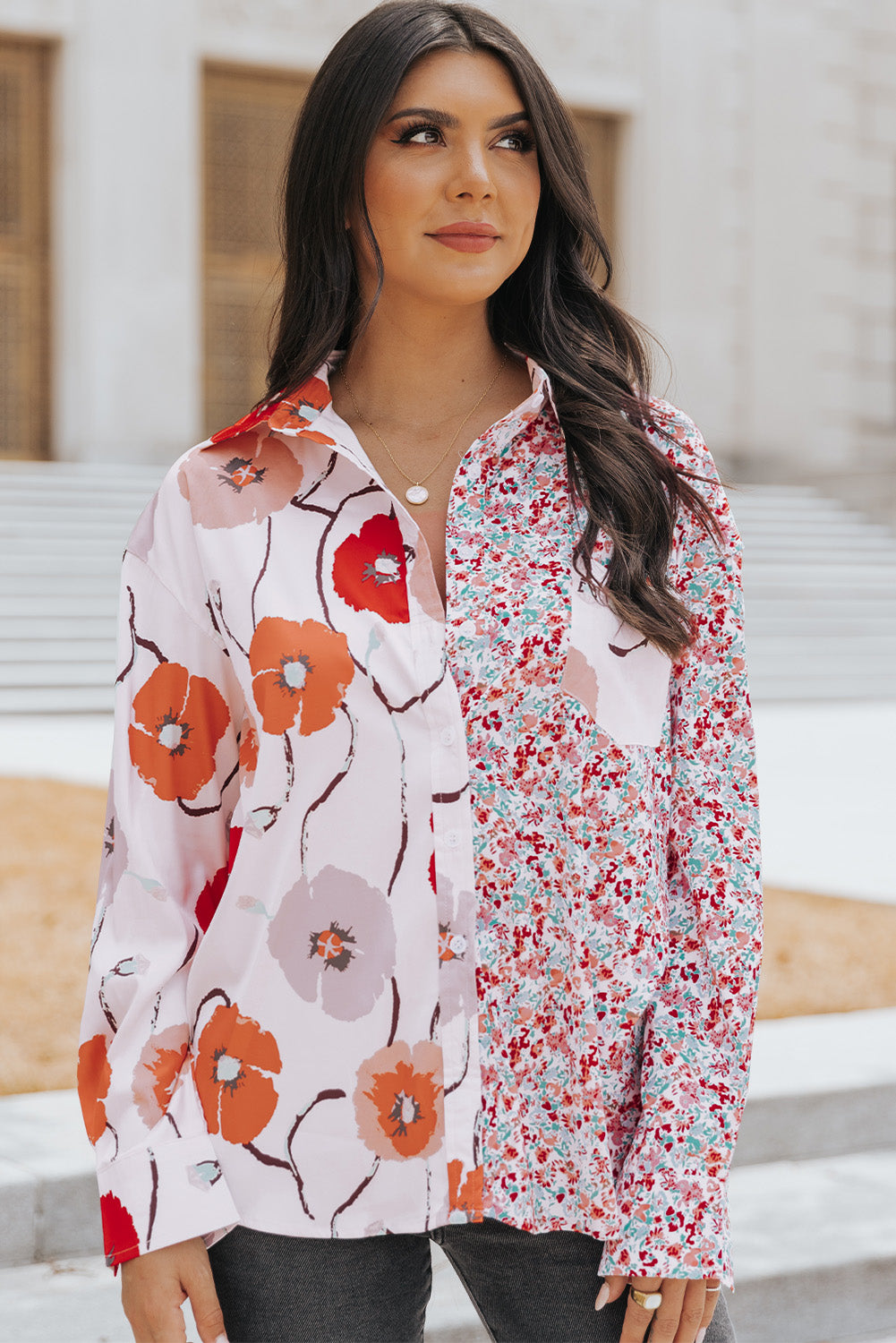 Red Floral Patchwork Buttoned Shirt with Pocket Blouses & Shirts JT's Designer Fashion