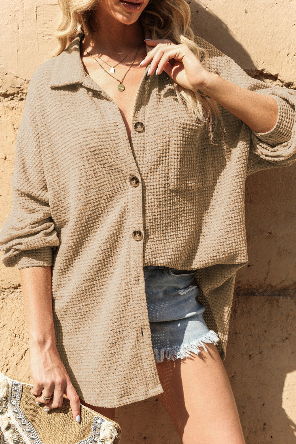 Khaki Waffle Knit Button Up Casual Shirt Tops & Tees JT's Designer Fashion