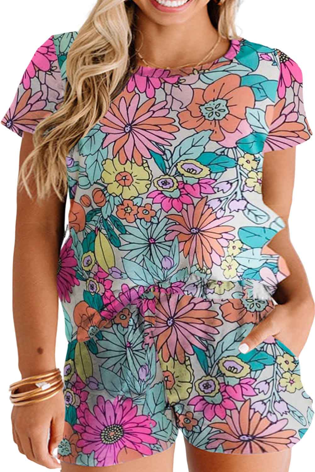 Sky Blue Plus Size Boho Flower Print Tee and Shorts Two-piece Set Plus Size JT's Designer Fashion