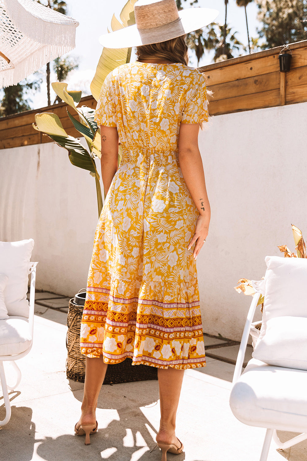 Yellow Floral Wrapped V Neck Tied Ruffled Sleeves Midi Dress Floral Dresses JT's Designer Fashion