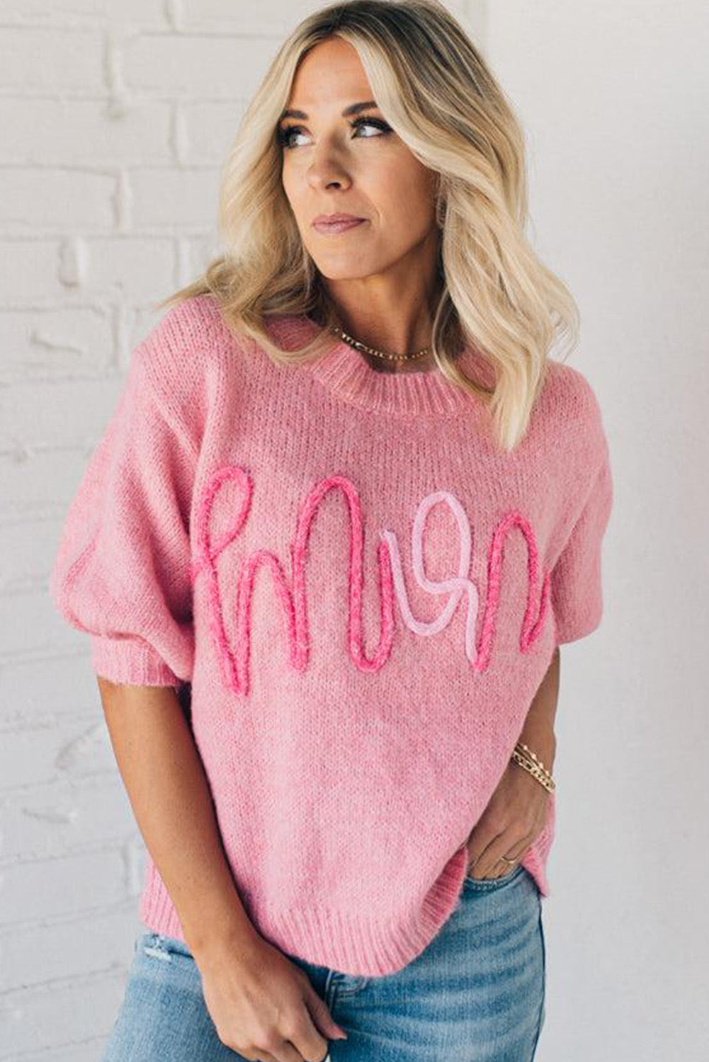 Pink MOM Lettering Short Puff Sleeve Knitted Sweater Pre Order Sweaters & Cardigans JT's Designer Fashion