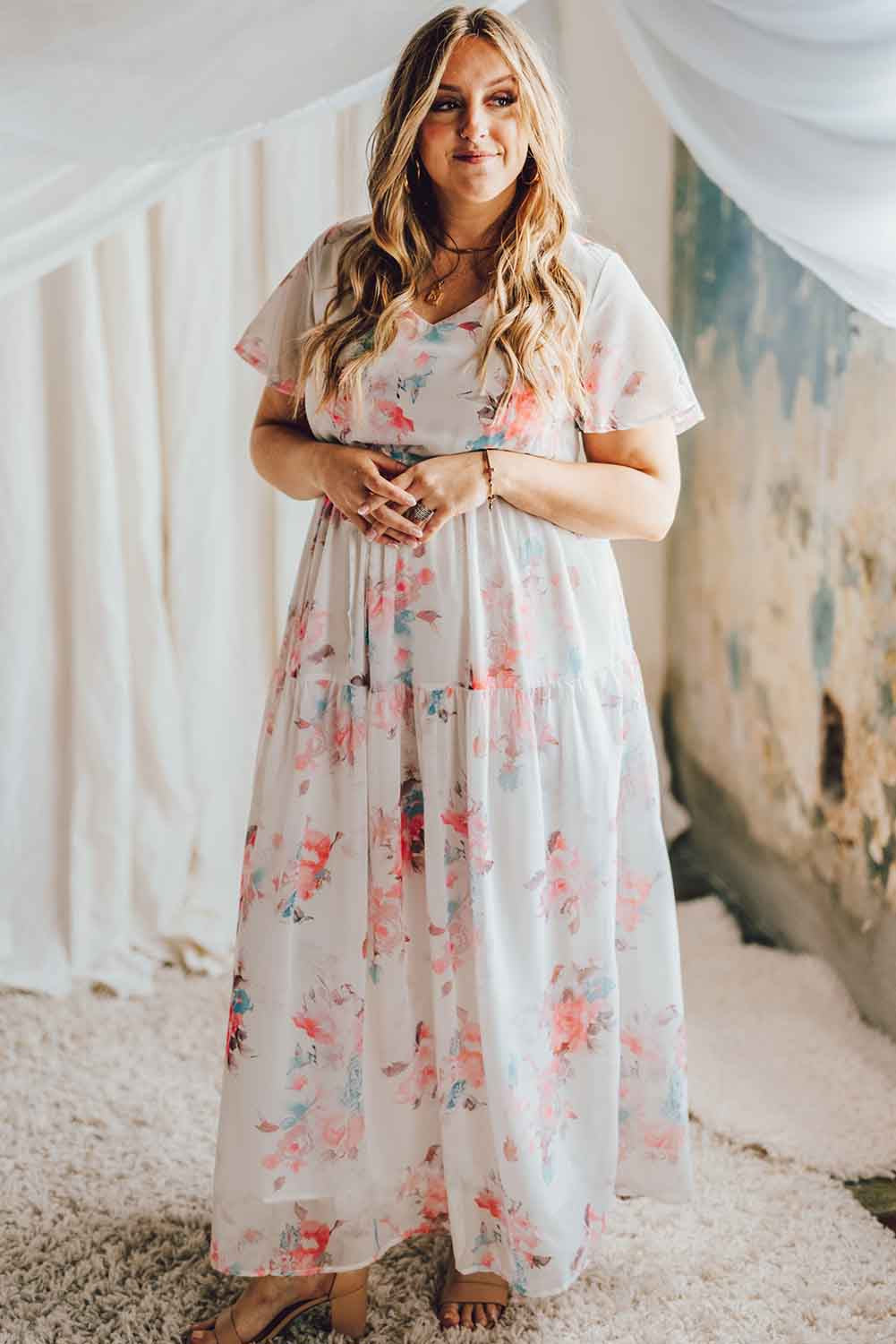 White Floral Print Lace-up High Waist Plus Size Maxi Dress Plus Size JT's Designer Fashion