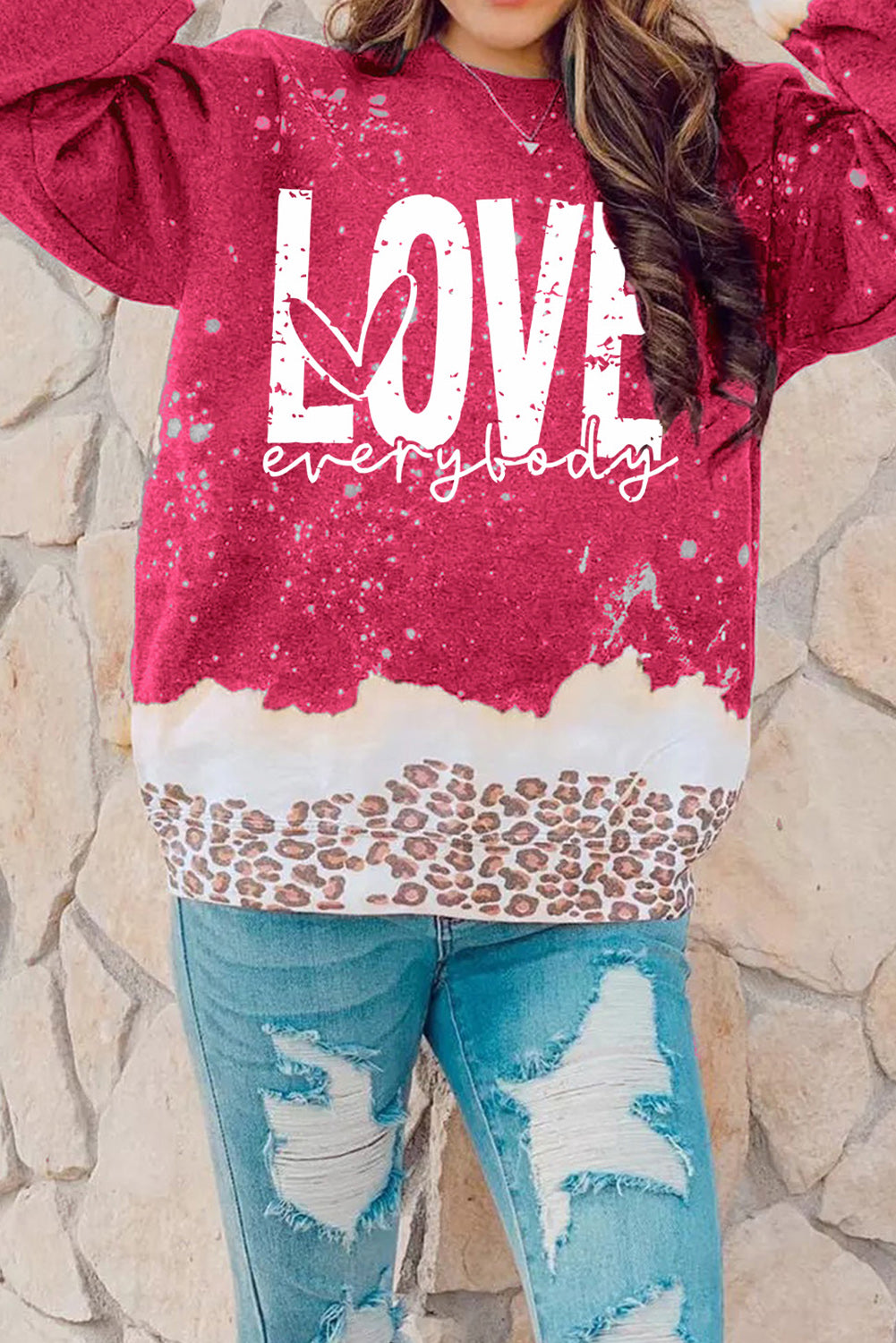 Red LOVE everyday Bleached Leopard Print Sweatshirt Graphic Sweatshirts JT's Designer Fashion