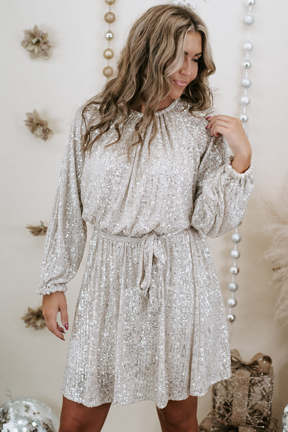 White Plus Size Sequin Puff Sleeve Round Neck Knot Dress Plus Size JT's Designer Fashion