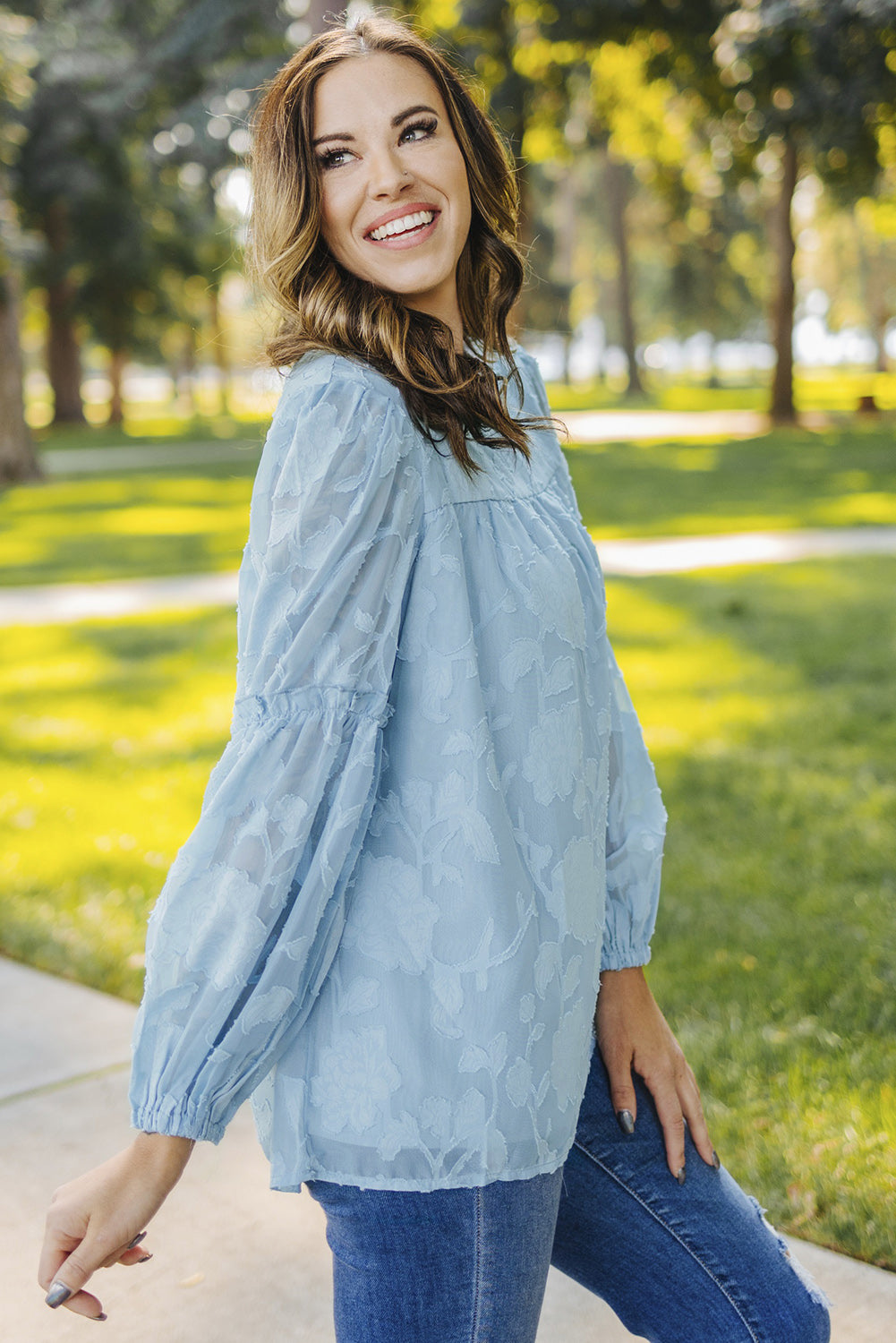 Blue Textured Ruffle Lantern Sleeve Babydoll Blouse Blouses & Shirts JT's Designer Fashion