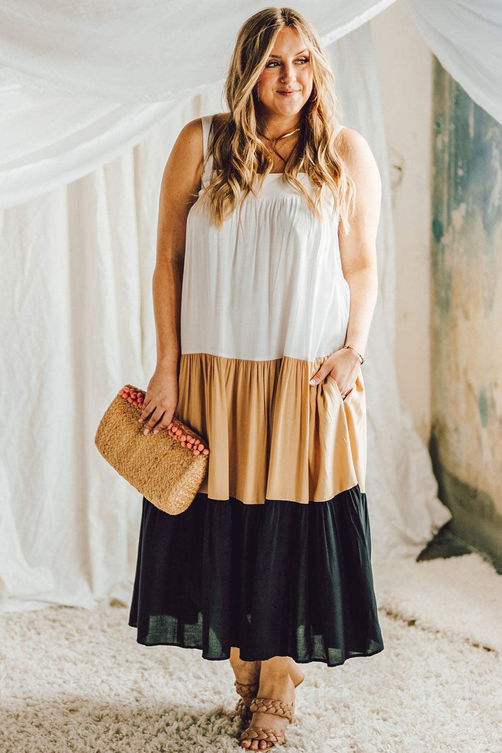 Brown Color Block Tiered Adjustable Straps Plus Dress Plus Size JT's Designer Fashion